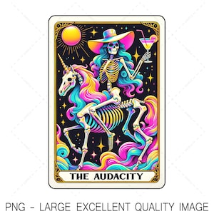 La carta del tarot de Audacity PNG Rainbow Unicorn Skeleton PNG para diseño de camisas, arte de pared, sublimación, impresión DTF, etc. Sólo digital