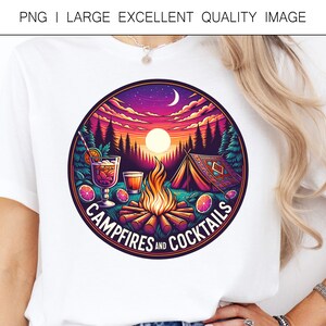 Feux de camp et cocktails PNG amusant joyeux camping PNG pour la conception de chemises pour sublimation, impression DTF, etc. numérique uniquement