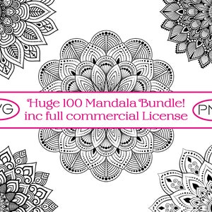 May include: A set of 100 black and white mandala designs. The designs are intricate and detailed, and they would be perfect for use in a variety of crafts and projects. The text "Huge 100 Mandala Bundle! inc full commercial License" is displayed in pink at the top of the image.