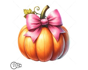 Clipart de abóbora com laço rosa em aquarela, outono PNG (Download digital)