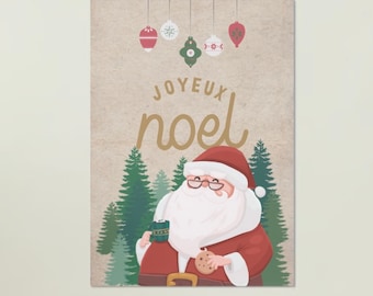 May include: A rectangular print featuring a cartoon Santa Claus with a white beard and glasses, holding a green mug and a cookie. The background shows green pine trees and hanging ornaments. The text JOYEUX noel is printed in gold lettering.