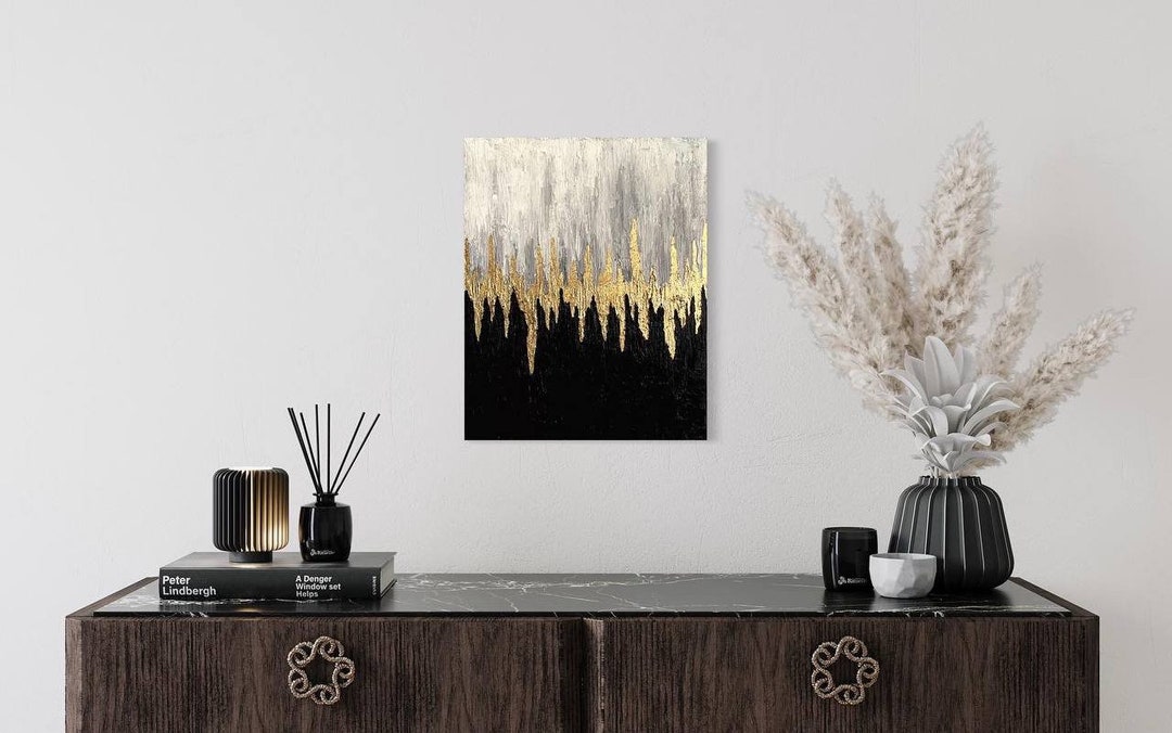 Black and Gold Abstract Oil Painting on Canvas 1620 Inch Etsy