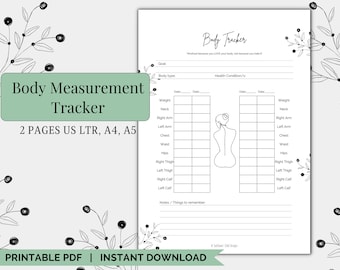 May include: Printable body measurement tracker with a black and white line drawing of a person. The tracker includes sections for weight, neck, arms, chest, waist, hips, thighs, and calves. The tracker also includes sections for dates and notes.