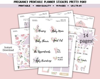 Op de afbeelding: Printbare planner stickers met een roze en wit unicorn thema. De stickers bevatten titels zoals "Kinderkamer", "Babymoon", "Baby Shower", "Gastenlijst", "Doktersafspraken", "Baby Braindump", "Druk met nesten" en "Hand Me Down Wishlist". De stickers zijn ontworpen voor gebruik in een zwangerschapsdagboek of planner. Er zijn 14 pagina's met stickers.