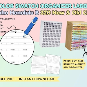 Puede incluir: Imagen con etiquetas organizadoras de muestras de color para marcadores Ohuhu Honolulu B 320. Incluye un organizador blanco, un organizador de madera y una tabla de colores. El texto dice "Color Your Own!! Various Sizes for Different Organizers."