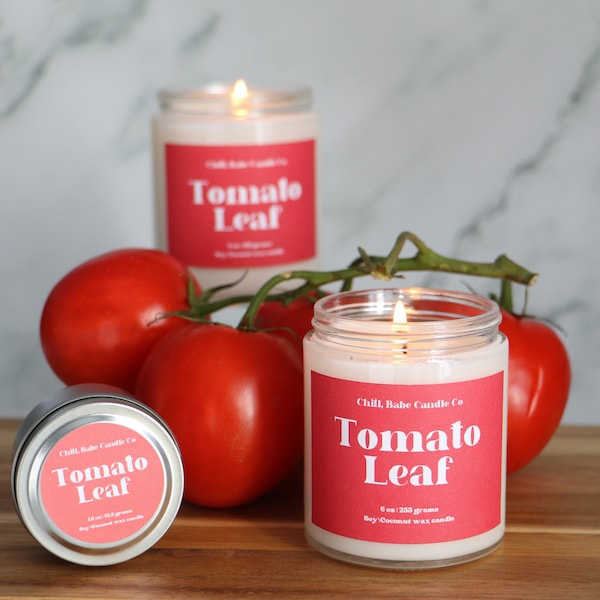 Tomato Leaf Scented Candle, Headache Free, Coconut Soy Wax Base, Gift For Gardener, Fresh Scent, Fresh & Green, jar with lid