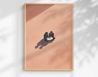 Impression d'art couple lisant | Illustration minimaliste de pêche (téléchargement numérique)