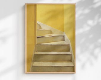 Impression d'art escalier minimaliste | Décoration murale jaune moutarde (téléchargement numérique)