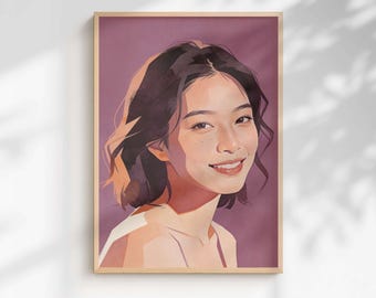 Impression portrait de femme souriante - oeuvre d'art moderne mauve pour chambre à coucher (téléchargement numérique)
