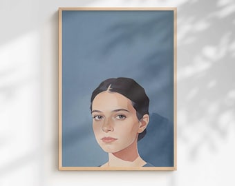 Portrait de jeune fille minimaliste avec taches de rousseur - oeuvre d'art murale bleu poudré (téléchargement numérique)