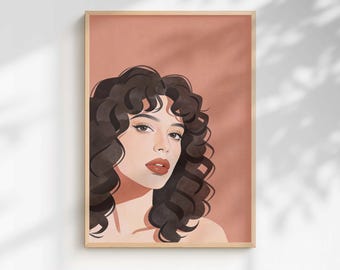 Art moderne du portrait de cheveux bouclés - Impression de pêche en terre cuite (téléchargement numérique)