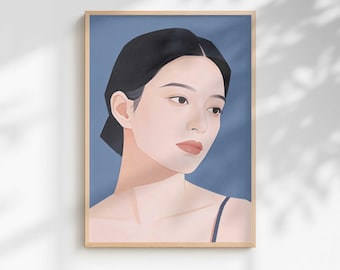 Impression d'art de portrait de femme minimaliste | Décoration moderne bleu poussiéreux (téléchargement numérique)
