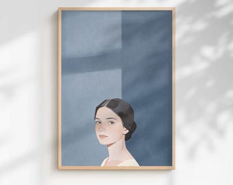 Impression d'art portrait bleu | Femme minimaliste, décoration murale moderne (téléchargement numérique)