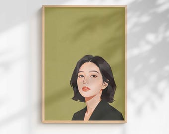 Portrait de femme vert olive | Art mural minimaliste pour chambre à coucher (téléchargement numérique)