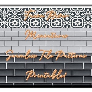 May include: A digital download of printable seamless tile patterns for miniature projects. The image shows three different tile patterns: a black and white geometric pattern, a white subway tile pattern, and a dark gray brick tile pattern. The text "Train Baker Miniatures Seamless Tile Patterns Printable!" is displayed on the image.