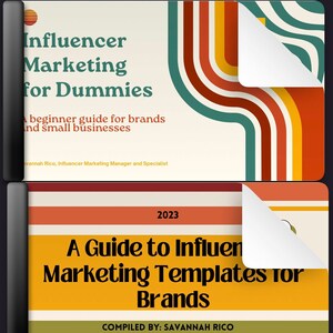 May include: A guide to influencer marketing templates for brands, with a retro-style design featuring colorful stripes and a curled page corner. The text "2023" is visible at the top of the page.