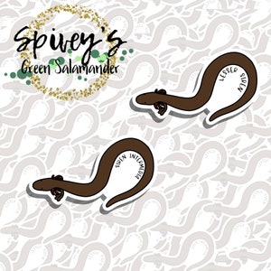 May include: A collection of stickers featuring brown salamander illustrations with white outlines. The stickers have the text "Lesser Siren" and "Siren Intermedia". The design includes the text "Spivey's Green Salamander" in a gold glitter circle.