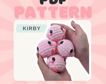 Könnte beinhalten: Ein PDF-Muster zum Häkeln einer rosa Kirby-Figur aus der Videospielserie. Das Muster ist zum Download im Etsy-Shop @vanillla_gurumi erhältlich.