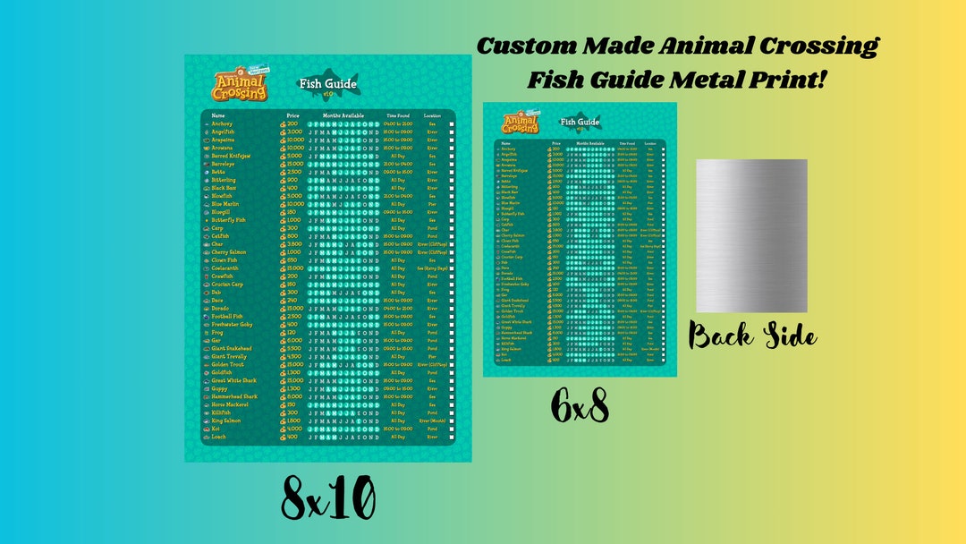 Animal Crossing Fish Guide Metal Prints 8x10 or 6x8 2 Posters Included