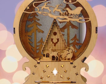 Round Christmas Scene – Laser Cut Night Lamp – Christmas Scene Ornament – Wooden Christmas Decor – Flameless Tea Light –Christmas Decoration