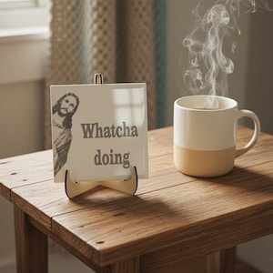 Funny Jesus Tile | Ceramic Jesus Saying Tile with "Whatcha Doing" | Religious Humor Gift | Catholic Christian Home Decor | Divine Comedy shown in an AI-generated listing photo
