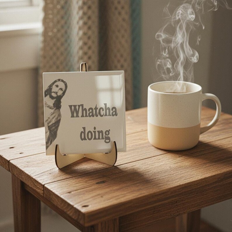 Funny Jesus Tile | Ceramic Jesus Saying Tile with "Whatcha Doing" | Religious Humor Gift | Catholic Christian Home Decor | Divine Comedy shown in an AI-generated listing photo