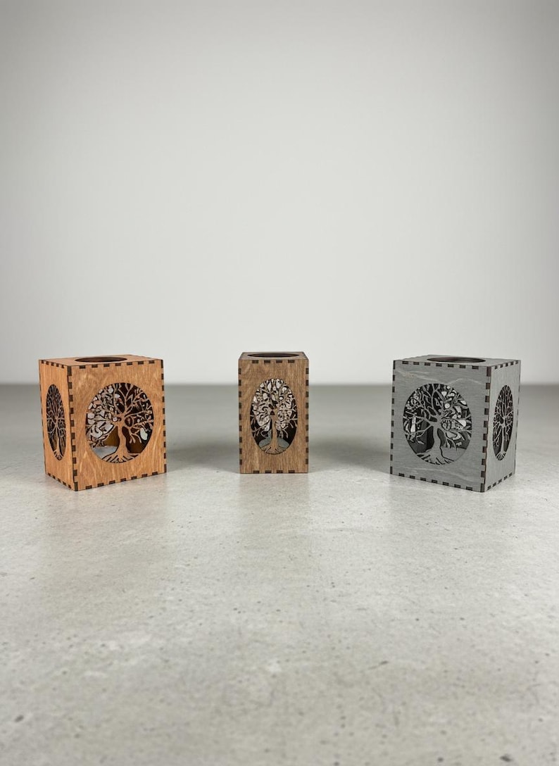 Tree Of Life LANTERN CANDLE HOLDER, Wood Tealight Holder, Flameless Candles, Tree Of Life, Tree Of Life Wooden Tealight Latern Candle Holder shown in an AI-generated listing photo