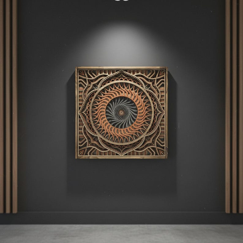 Mandala Wood Wall Art  7 Layered Framed Mandala Laser Cut Home Décor Yoga, Spiritual and Meditation Décor Geometric wall art 3D Wall art shown in an AI-generated listing photo