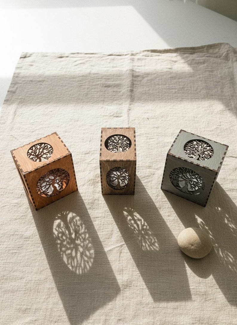 Tree Of Life LANTERN CANDLE HOLDER, Wood Tealight Holder, Flameless Candles, Tree Of Life, Tree Of Life Wooden Tealight Latern Candle Holder shown in an AI-generated listing photo