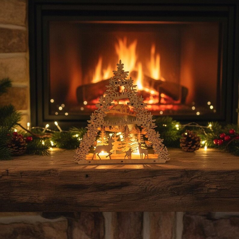 Wooden Christmas Table Top Layered Winter Landscape Scene | Laser-Cut Living Room Decor Holiday Festive | LED Tealights Reindeer Decor Gift shown in an AI-generated listing photo