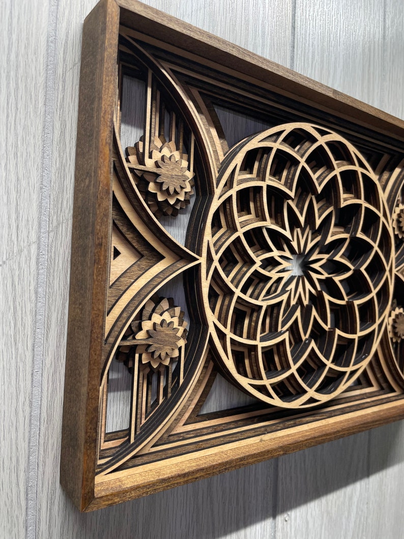 Puede incluir: Una obra de arte mural de madera en capas con un dise&ntilde;o geom&eacute;trico. La obra presenta un marco marr&oacute;n oscuro y patrones intrincados en tonos de marr&oacute;n y beige. El dise&ntilde;o incluye formas florales y circulares, creando un efecto tridimensional.