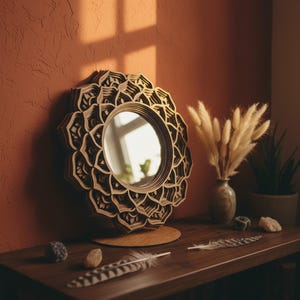 WOODEN MANDALA MIRROR - Boho Mirror - Decorative Round Mirror - Macramé Mirror -  Mandala Art Mirror - Wall Hanging Mirror – New Home Gift shown in an AI-generated listing photo