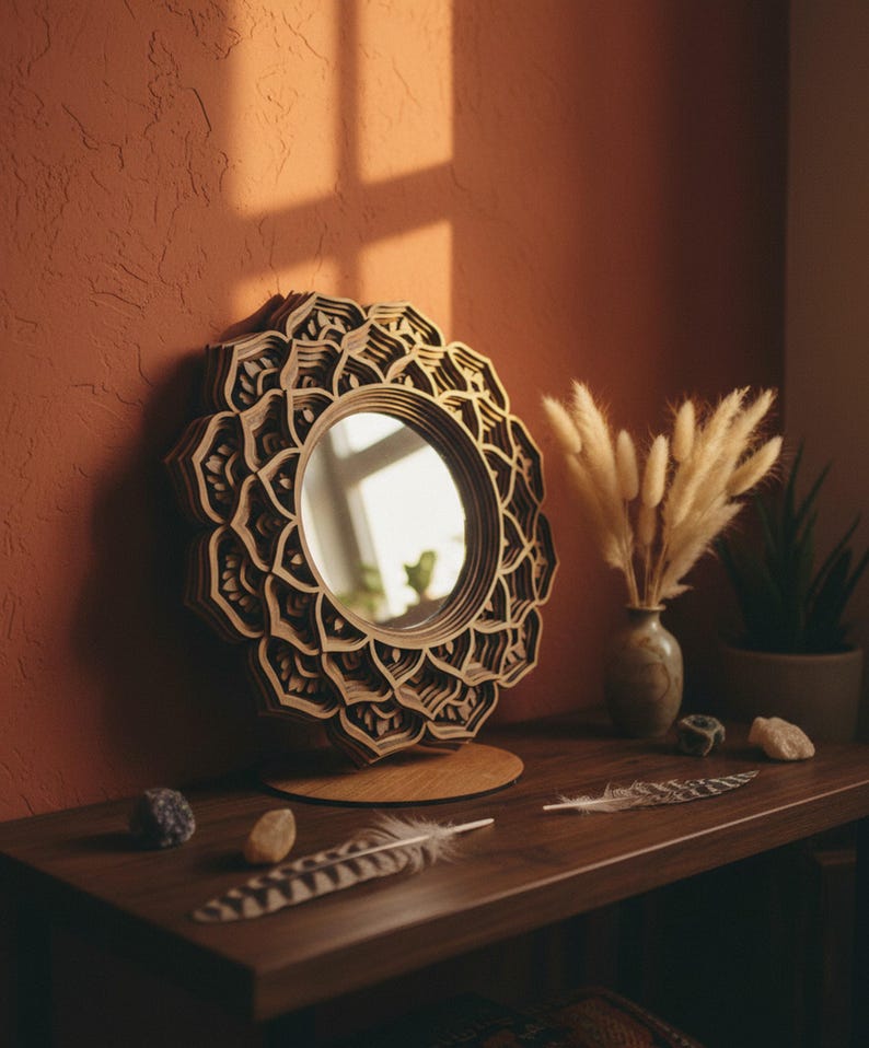 WOODEN MANDALA MIRROR - Boho Mirror - Decorative Round Mirror - Macramé Mirror -  Mandala Art Mirror - Wall Hanging Mirror – New Home Gift shown in an AI-generated listing photo
