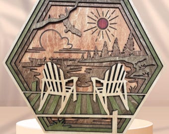 Wooden Lake Art – 5 layered Lake Wall Art – Hexagon Adirondack Wall Decor – Chairs Shadow Box – Hexagon Wall Art – Rustic Cabin Decor Gift