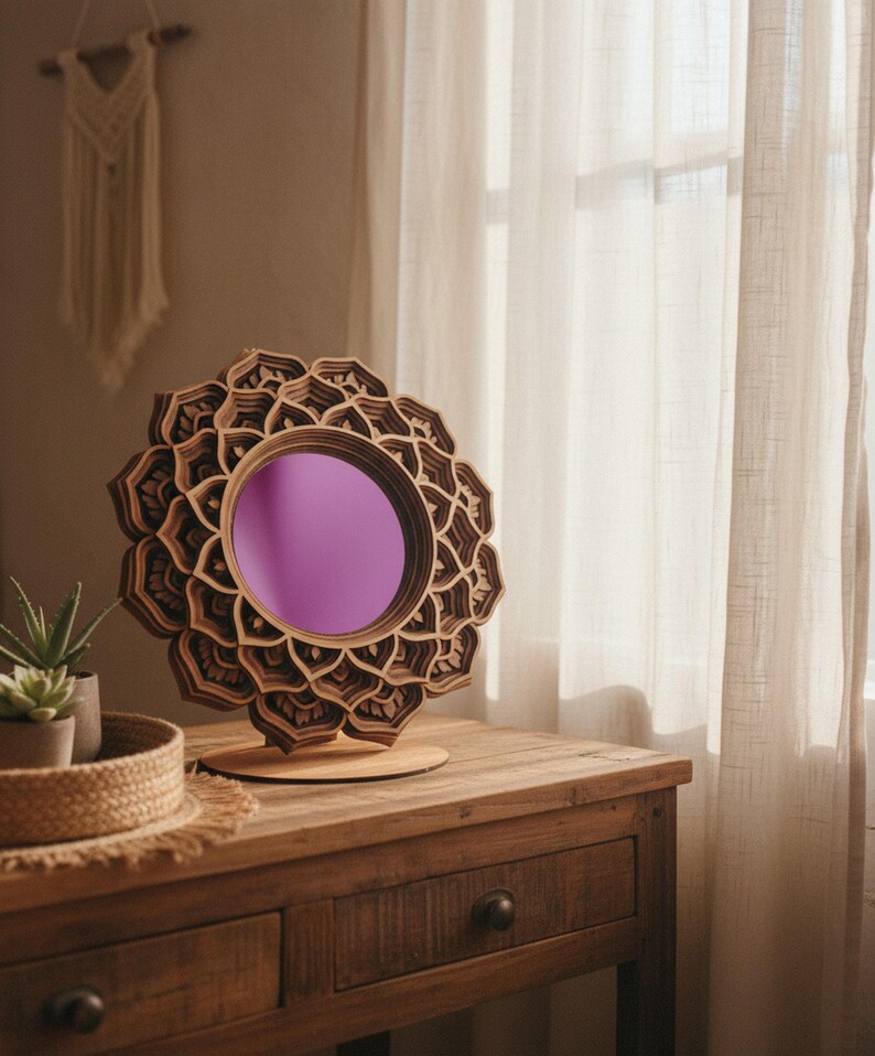 WOODEN MANDALA MIRROR - Boho Mirror - Decorative Round Mirror - Macramé Mirror -  Mandala Art Mirror - Wall Hanging Mirror – New Home Gift shown in an AI-generated listing photo