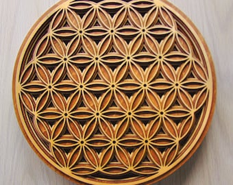 Flower of Life-mandala – Mandalakunst aan de muur – Scared Geometry Art – 5 lagen mandala – Ronde mandalakunst – Mandala-muurdecoratie – Houtdecor