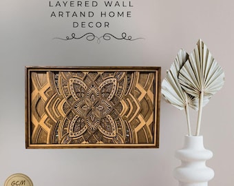 Mandala de flores de madera, decoración de mandala de 7 capas, arte de pared, mandala floral cortado a láser, mandala rectangular, decoración de mandala floral