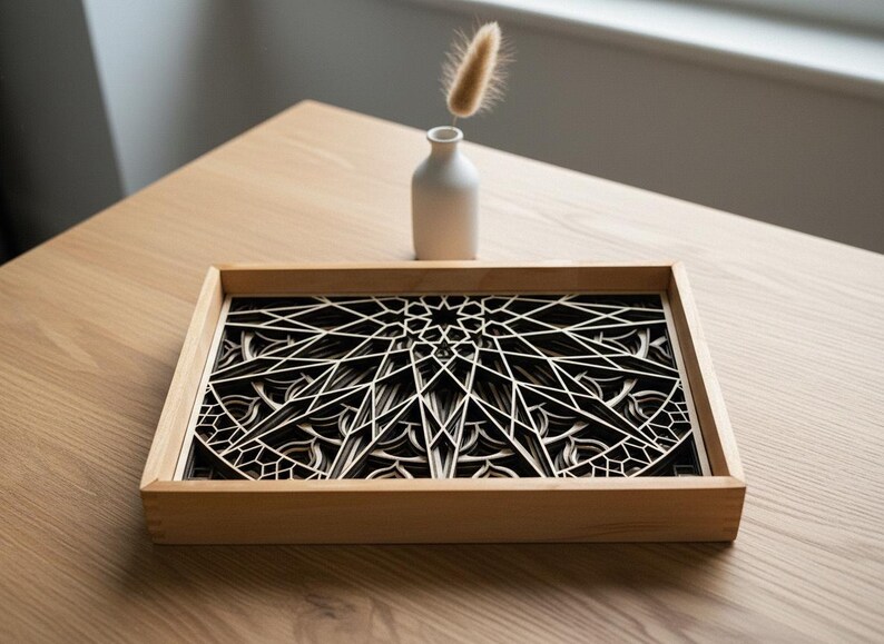 MANDALA WALL ART – Seven layer Frame Wall Art – Wood Mandala Art – Spiritual Wall Decor – Laser Cut Wooden Mandala – Mandala Wall Hanging shown in an AI-generated listing photo