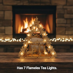 Wooden Christmas Table Top Layered Winter Landscape Scene | Laser-Cut Living Room Decor Holiday Festive | LED Tealights Reindeer Decor Gift shown in an AI-generated listing photo