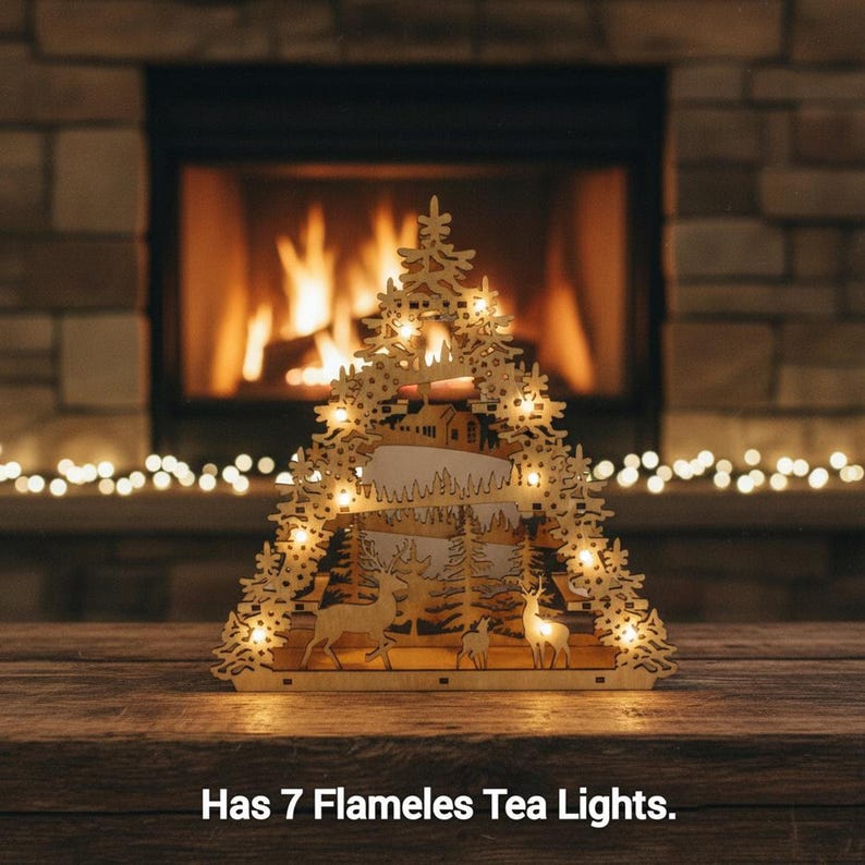 Wooden Christmas Table Top Layered Winter Landscape Scene | Laser-Cut Living Room Decor Holiday Festive | LED Tealights Reindeer Decor Gift shown in an AI-generated listing photo