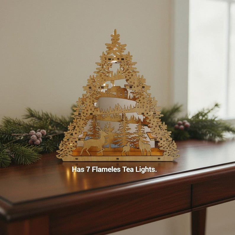 Wooden Christmas Table Top Layered Winter Landscape Scene | Laser-Cut Living Room Decor Holiday Festive | LED Tealights Reindeer Decor Gift shown in an AI-generated listing photo