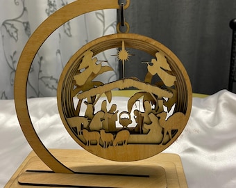 Kerststal – 7 lagen kersttafereel – 3D-kerstbal met standaard – Lasergesneden kerstornament – Hangend kerstdecor