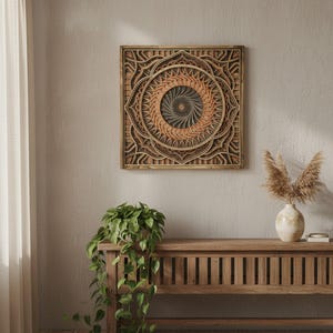 Mandala Wood Wall Art  7 Layered Framed Mandala Laser Cut Home Décor Yoga, Spiritual and Meditation Décor Geometric wall art 3D Wall art shown in an AI-generated listing photo