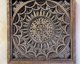 MANDALA MUURKUNST – Heilige Geometriekunst – 3D houten muurkunst – Houten muurhanger – Boho-muurdecoratie – Houten mandalakunst – psychedelische muurkunst