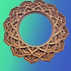 A front-facing view of a round wooden mandala wall mirror featuring stacked concentric petal layers over a blue and green gradient background.