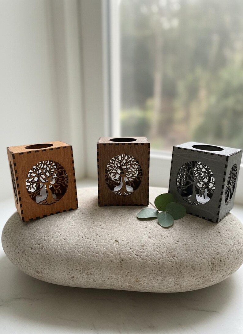 Tree Of Life LANTERN CANDLE HOLDER, Wood Tealight Holder, Flameless Candles, Tree Of Life, Tree Of Life Wooden Tealight Latern Candle Holder shown in an AI-generated listing photo