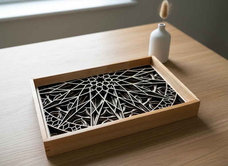 MANDALA WALL ART – Seven layer Frame Wall Art – Wood Mandala Art – Spiritual Wall Decor – Laser Cut Wooden Mandala – Mandala Wall Hanging shown in an AI-generated listing photo