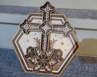 Wooden Religious Cross Art – Hexagon Cross Shadow Box – Christian Wall Art – Wooden Cross Art – Floral Cross Wall Art – Hexagon Wall Decor