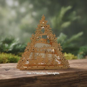 Wooden Christmas Table Top Layered Winter Landscape Scene | Laser-Cut Living Room Decor Holiday Festive | LED Tealights Reindeer Decor Gift shown in an AI-generated listing photo