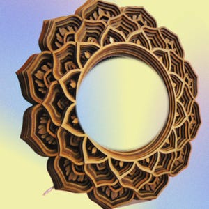 A round wooden mandala mirror with multi-layered petal designs against a blue and yellow gradient background.